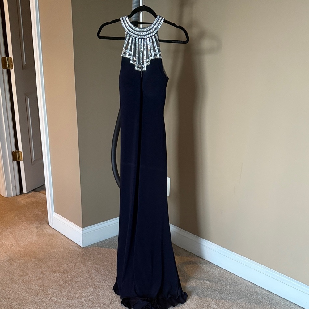 Elegant Navy Blue Halter Dress with Embellished Neckline
